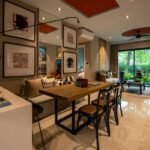 Stylish open dining area with wooden table and modern decor in bright living room.
